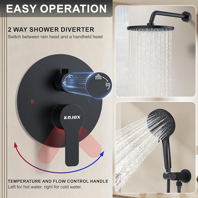 KOJOX Shower System- High Pressure Shower Head- 3 Setting Headheld Shower Head - Image 5