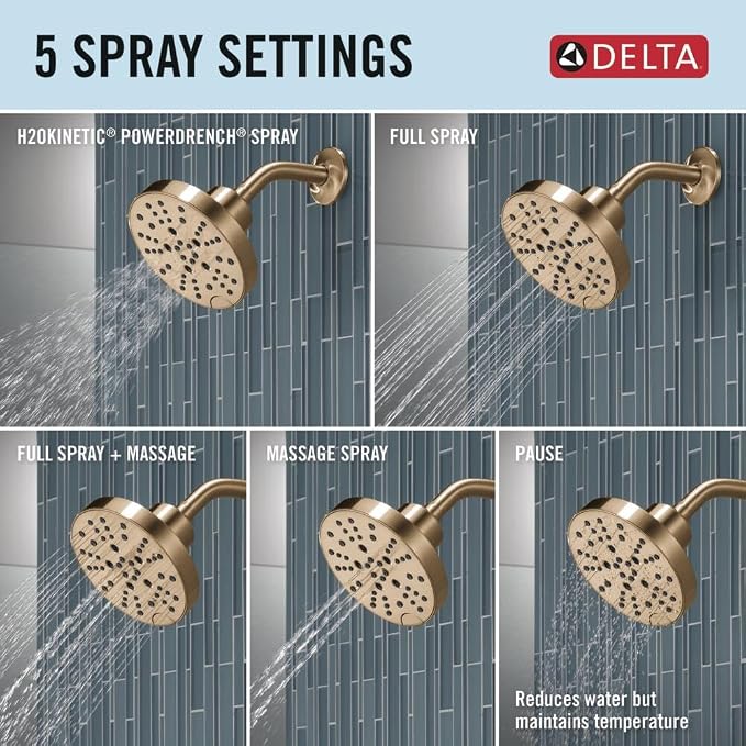 Delta Nicoli 14 Series H2Okinetic Shower Faucet Set, Brushed Gold Shower Head - Image 7