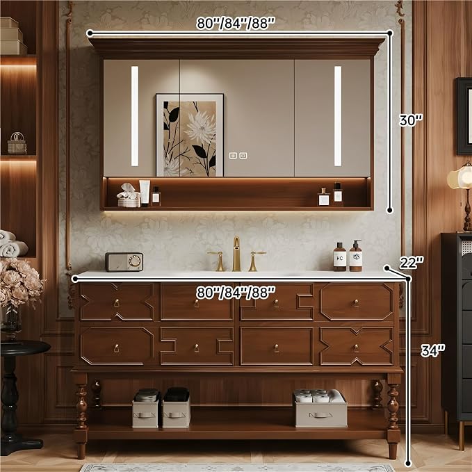 Solid Wood Bathroom Vanity 80Inch, Freestanding Bathroom Vanity Includes LED - Image 2