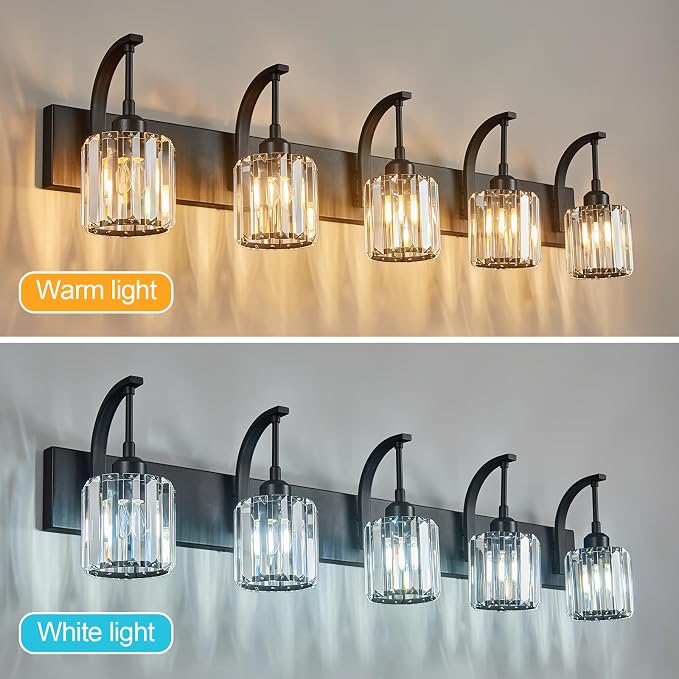 5-Light Crystal Vanity Light, Modern Black Bathroom Wall Sconce - Image 2