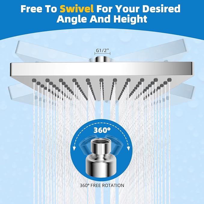 Hibbent Thickness Metal Rain Shower Head, 8 Inch High Pressure Rainfall Shower - Image 4