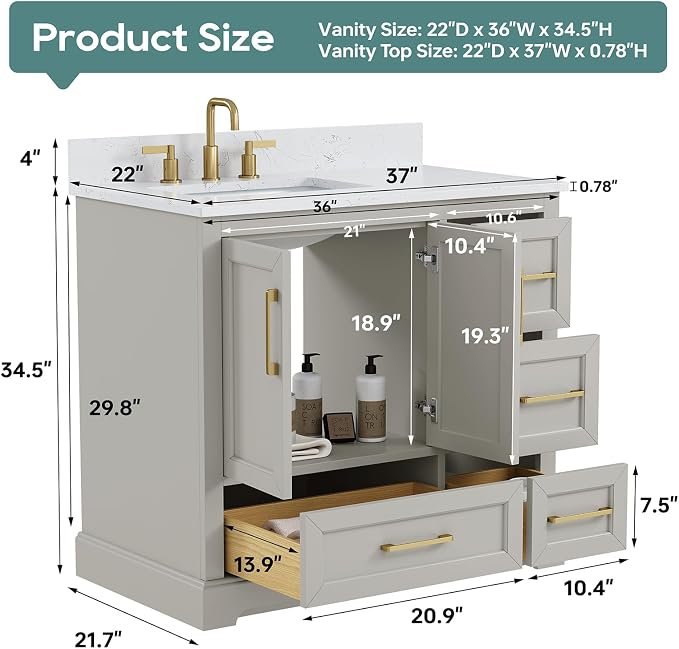 36 Inch Bathroom Vanity with Sink Combo, Solid Wood Frame with Mable Top - Image 2