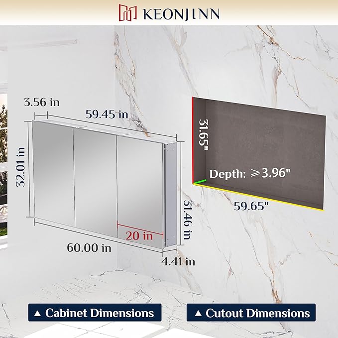 Keonjinn 60 x 32 Inch Medicine Cabinet, Assembly Required, Lightweight - Image 2