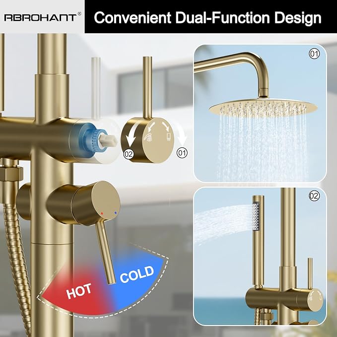 RBROHANT Freestanding Outdoor Shower Gold, Height Adjustable Stainless Steel - Image 5
