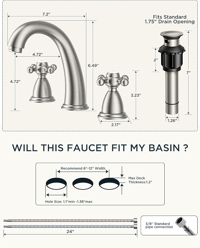 FORIOUS Faucet for Bathroom Sink 3 Hole, Brushed Nickel Bathroom Faucet - Image 2