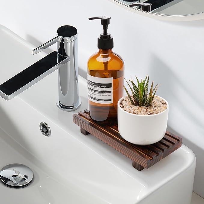 Small Kitchen Sink Soap Tray for Counter Soap Dish Dispenser Holder Wooden - Image 5