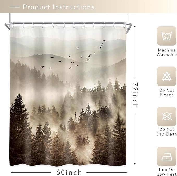 Riyidecor Foggy Mountain Shower Curtain 60Wx72H Inch Nature Rustic Woodland - Image 5