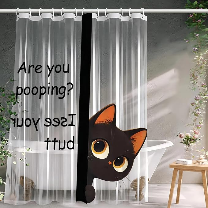 Clear Cute Funny Black Cat Shower Curtain Liner, Are You Pooping Shower Curtain by CAPQL