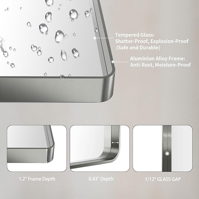 LOAAO 38X38 Inch Brushed Nickel Bathroom Mirror, Rounded Rectangle Silver Metal - Image 5