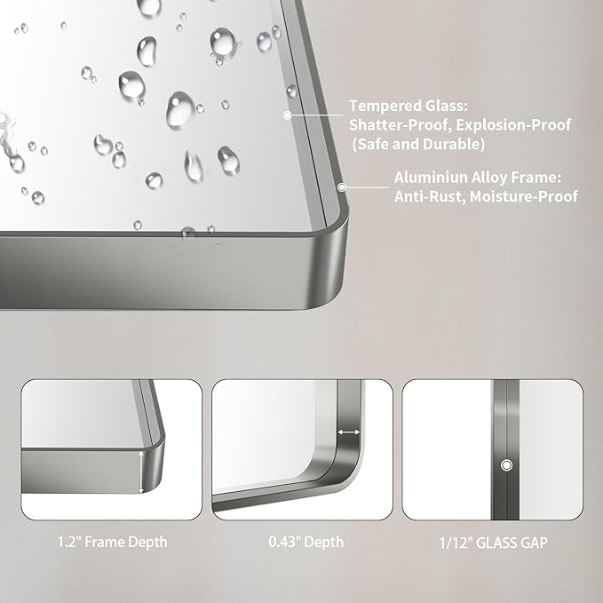 LOAAO 48X36 Inch Brushed Nickel Bathroom Mirror, Rounded Rectangle Silver Metal - Image 5
