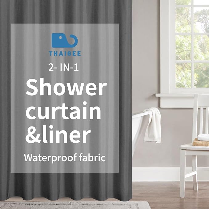 2-in-1 Waterproof Long Fabric Shower Curtain or Liner, Linen Textured, 78 Inch by THAIGEE