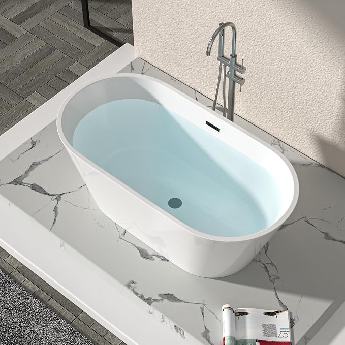 Logmey 59 Inch White Acrylic Freestanding Bathtub Oval Shape Soaking Tub - Image 6