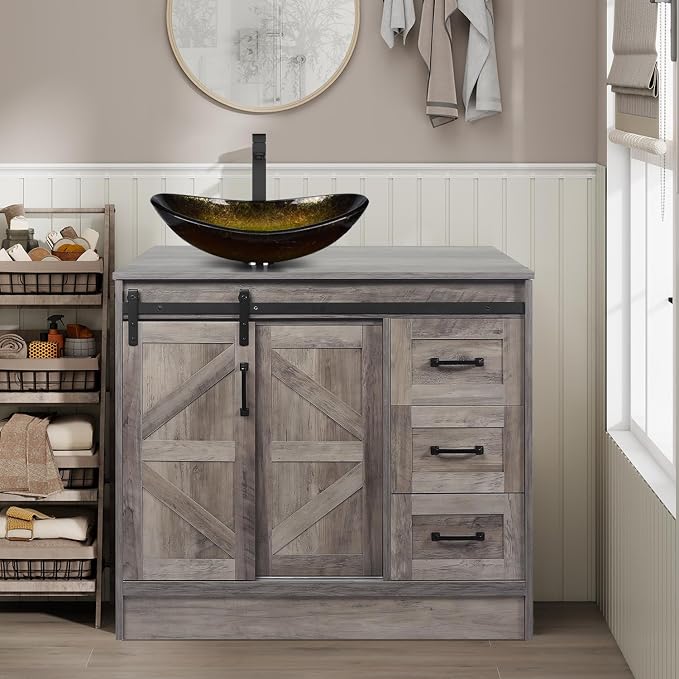 36 Inch Barn Door Bathroom Vanity, Farmhouse Style Standing Pedestal Cabinet by Solidee