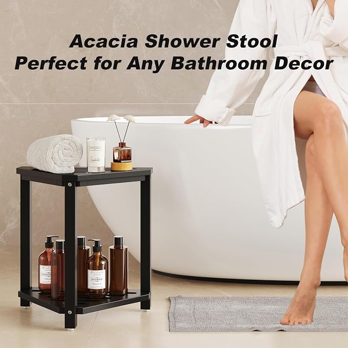 14" Acacia Wood Corner Shower Stool, Shower Foot Rest - Image 3