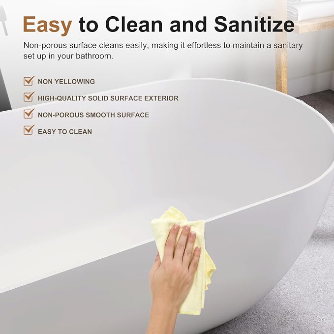 SJ STAR&JANE 51" Solid Surface Freestanding Bathtub, Matte White Oval Soaking - Image 6