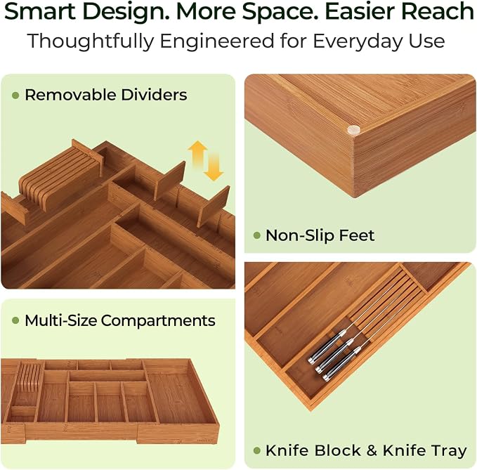 Carbonized Large Bamboo Kitchen Drawer Organizer, 12 Slots Expandable - Image 6
