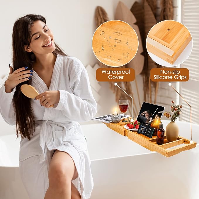 Foldable Bathtub Caddy Tray, Bamboo Bath Tub Tray Table - Image 5