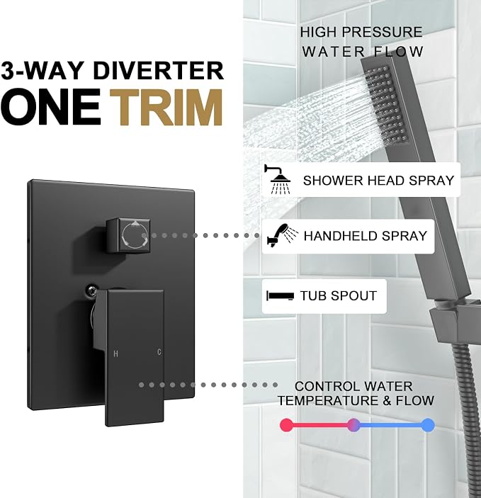 Lava Odoro Modern 3-Setting Square Shower and Tub Faucet Set - Image 6