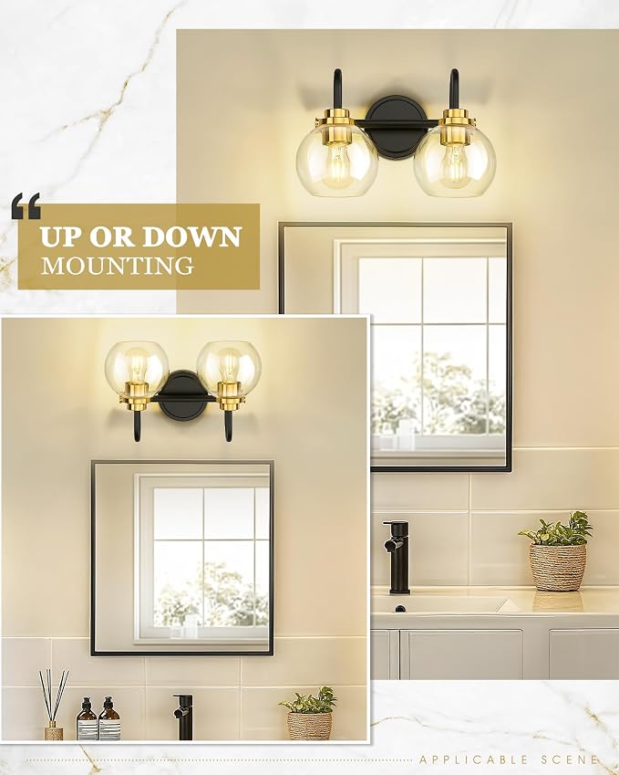 Bathroom Light Fixtures, 2-Light Black and Gold Vanity Lights - Image 5