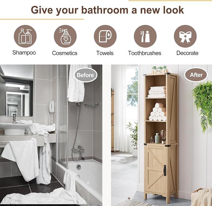 Bathroom Storage Cabinet, 5-Shelf Farmhouse Storage Cabinet - Image 7