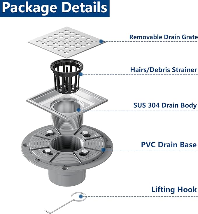 Neodrain Square Shower Drain, 4 inch Stainless Steel 304 Grate and PVC Drain - Image 3
