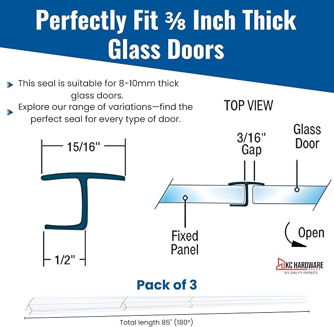 Frameless Shower Door Side Seal Strip H-Type 180 Degree 85 inches Length - Image 3