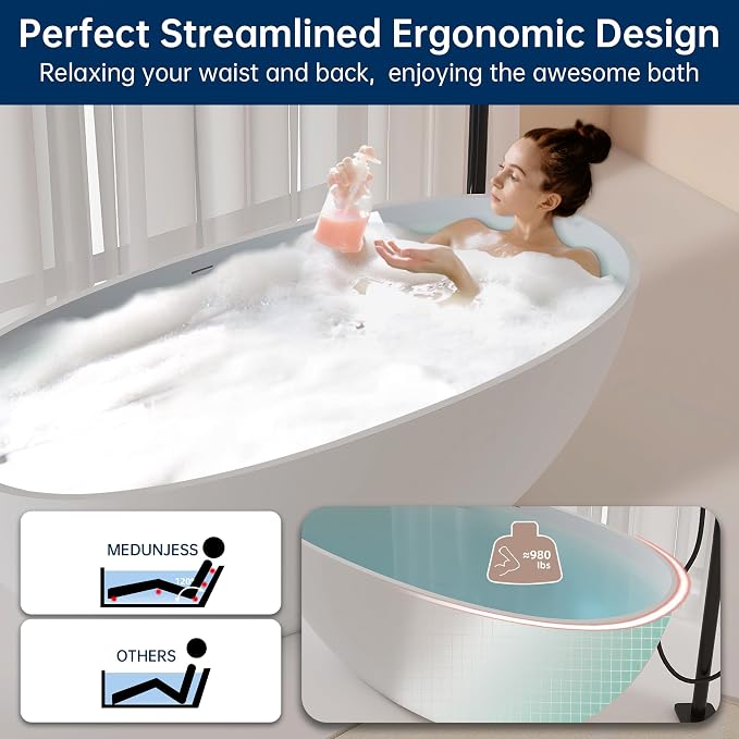 61'' Resin Stone Soaking Bathtub Oval Solid Surface Freestanding Soaking - Image 3