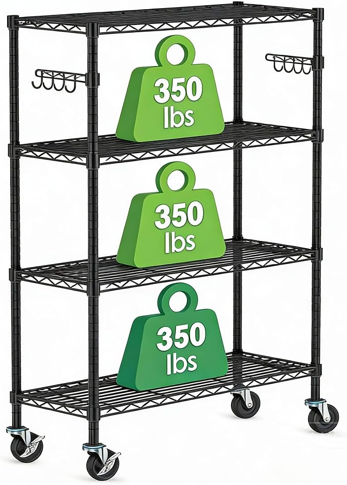 Storage Wire Shelving with Wheels 4-Tier Heavy Duty Garage Shelves Unit Metal by Alexayhome