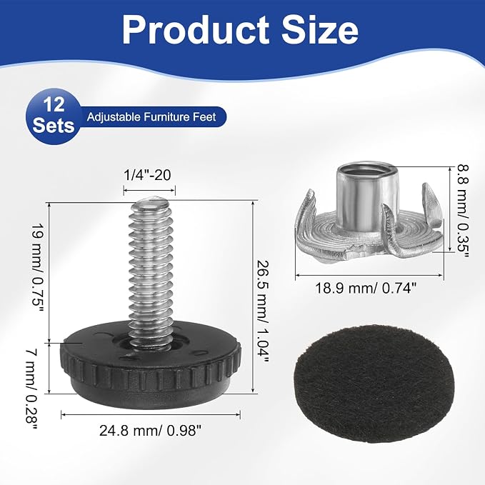 uxcell 1/4"-20 Thread Furniture Feet Levelers, 12Set 19mm L Adjustable - Image 2