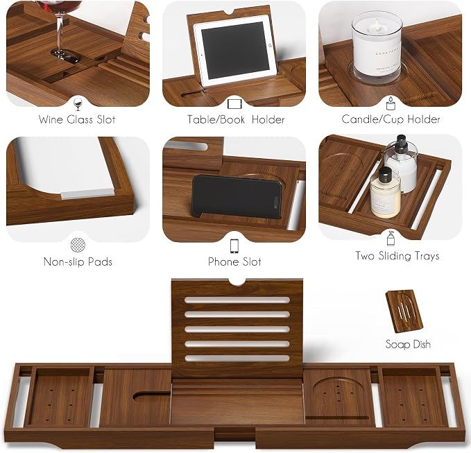 Wooden Bathtub Tray for Luxury Bathroom, Expandable Premium Teak Bath Tray - Image 3