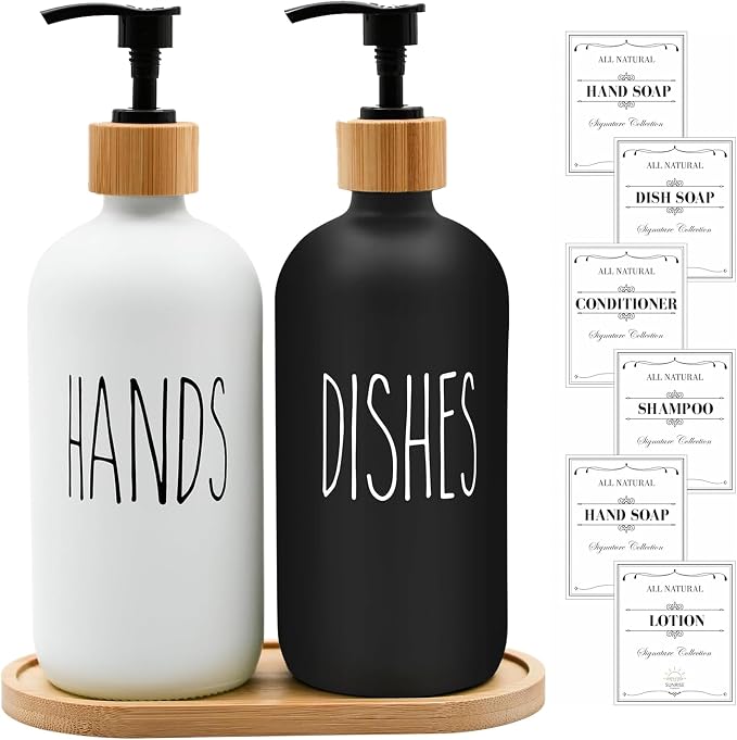 16 OZ Thick White & Black Glass Soap Dispenser, Bamboo Pump - Image 7