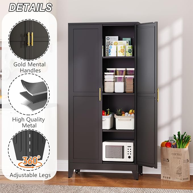 Metal Pantry Cabinet with 2 Doors and Adjustable Shelves, Versatile Storage - Image 3