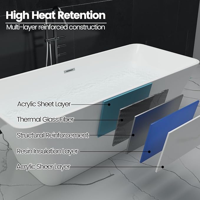 59" Freestanding Bathtub, Acrylic Soaking Tub, Chrome Overflow & Drain - Image 5