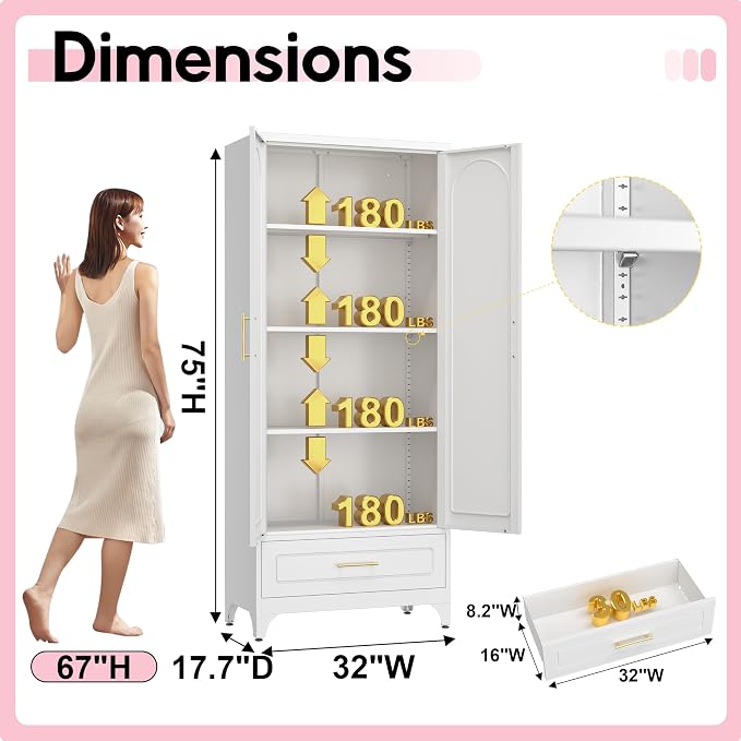 Pantry Kitchen Cabinet with Drawer, Metal Storage Cabinets with Doors and - Image 2