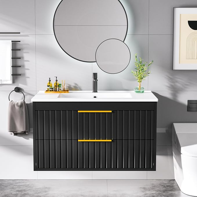 30" Bathroom Vanity with Sink, Floating Vanity Bathroom Sink Cabinet Wall Mount by Buytime