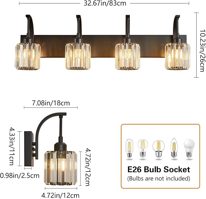 4-Light Crystal Vanity Light, Modern Black Bathroom Wall Sconce - Image 4