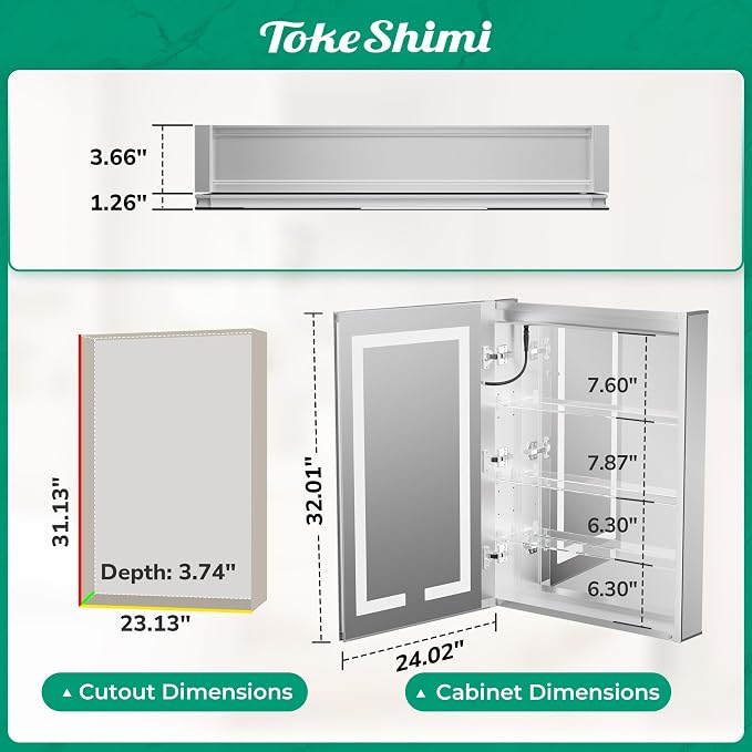 TokeShimi 24x32 Anti-Fog Led Medicine Cabinet Mirrored - Image 2