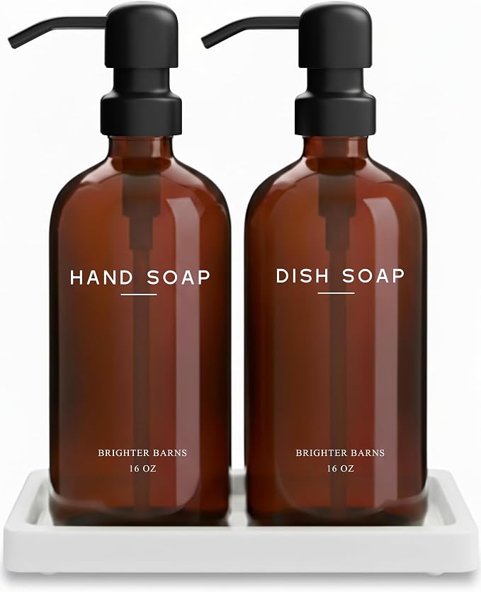 Amber Glass Hand and Dish Soap Dispenser Set by Brighter Barns by BrighterBarns