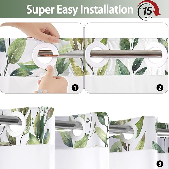 No Hook Shower Curtain and Liner Set, Sage Green Eucalyptus Floral Shower - Image 5