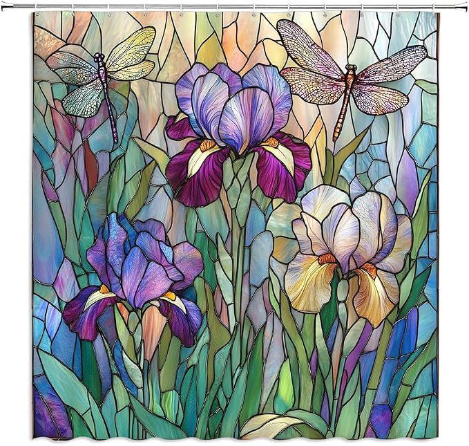 Stained Glass Shower Curtain Artistic Iris Dragonfly Purple Floral Green Leaves by UOZXOML