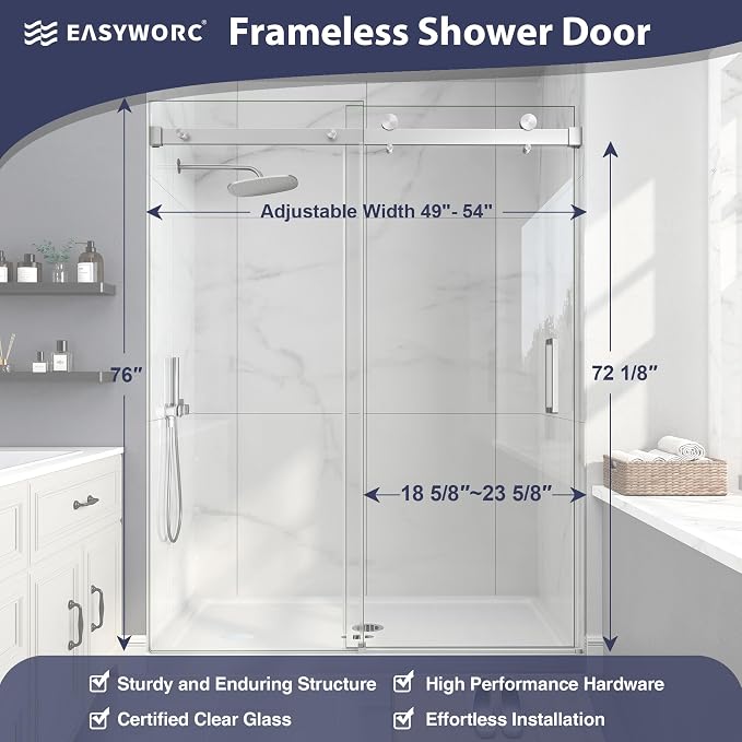 Frameless Shower Door, 49-54" W x 76" H Sliding Glass Shower Door, 1/4''(6mm - Image 6