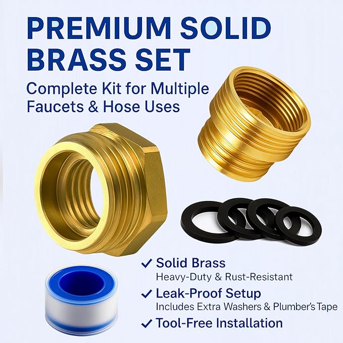 Shower Hose Adapter and Faucet Adapter Kit, Brass G1/2" Female, 55/64"-27 Female - Image 5
