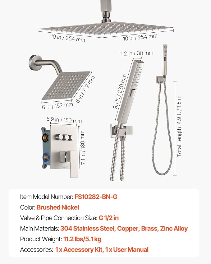 VEVOR Shower Faucet Set, 10 Inch Ceiling Mount Rainfall Shower System - Image 8