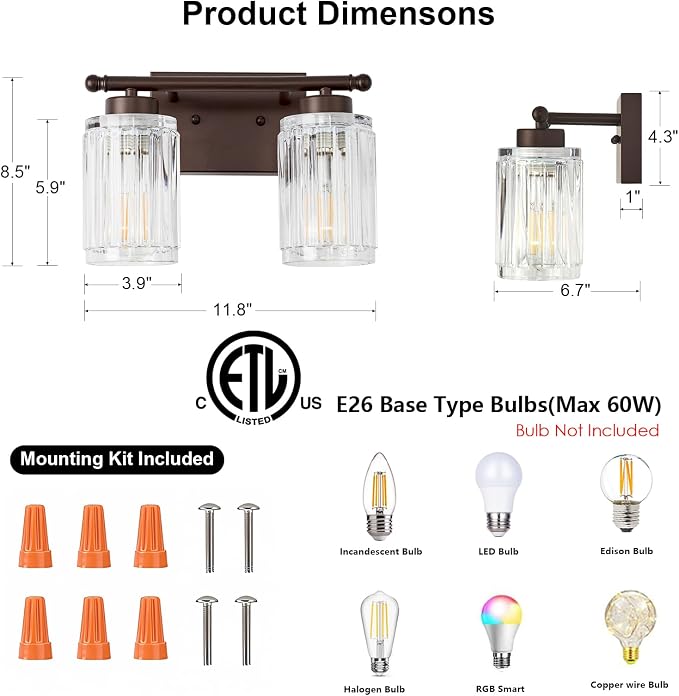 2 Light Bathroom Light Fixtures Modern ORB 12 Inch Vanity Lights - Image 2