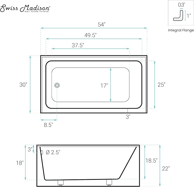 Voltaire 54" X 30" Left-Hand Drain Alcove Bathtub - Image 8