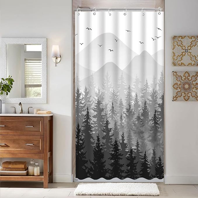 Aipon Black Misty Forest Shower Curtain Gray Ombre Nature Tree Plants Shower - Image 3