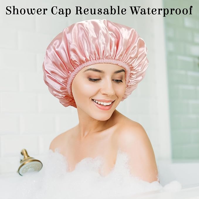Shower Cap Reusable Waterproof, Terry Lined Shower Caps - Image 3