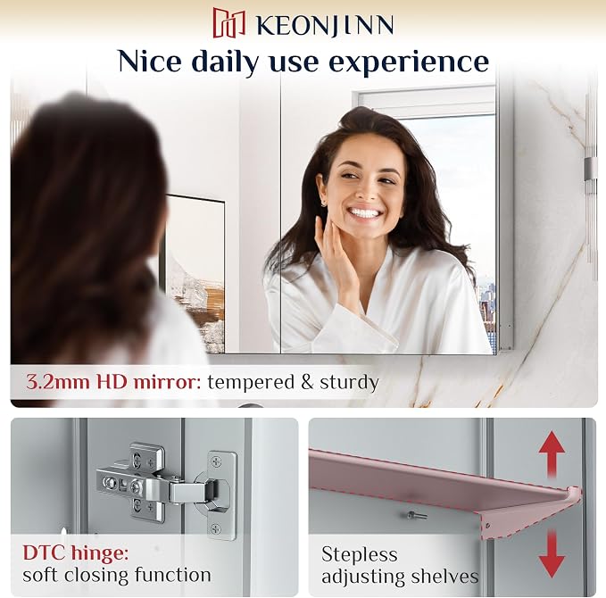 Keonjinn 36 x 24 Inch Bathroom Mirrored Medicine Cabinet, Lightweight Aluminum - Image 7