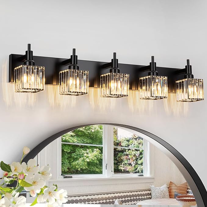 Black Crystal Bathroom Vanity Light 5-Light Modern Bathroom Lighting Fixtures by HUOKU