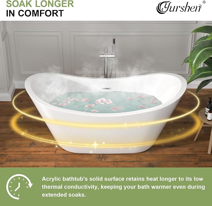 59" Freestanding Acrylic Bathtub – White Double Slipper Soaking Tub - Image 7